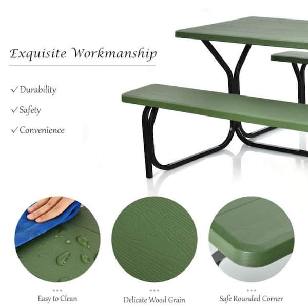 Green Outdoor Picnic Table Bench Set with Metal Base Wood