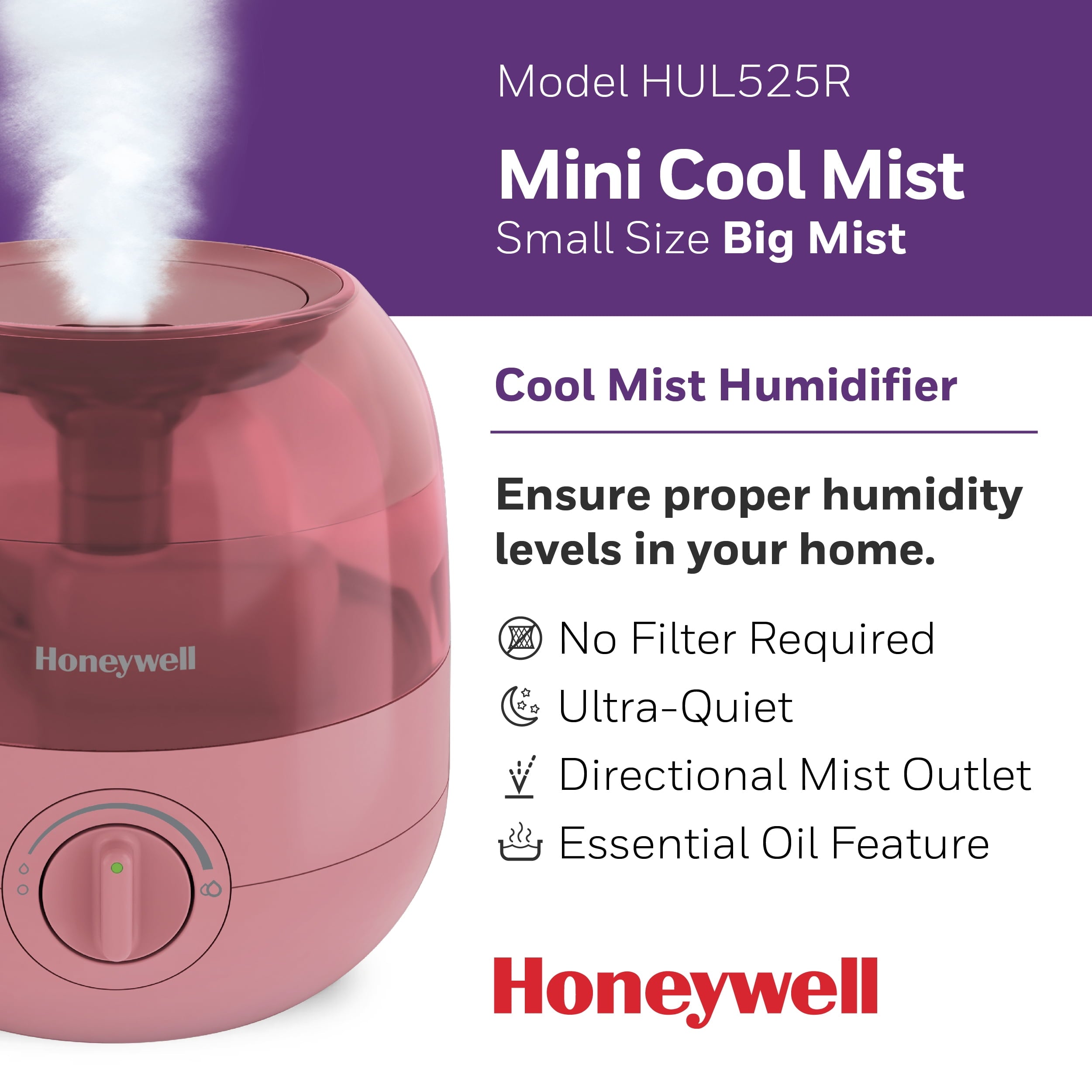 Honeywell Mini Cool Mist Humidifier, 200 sq. ft, Red, HUL525R