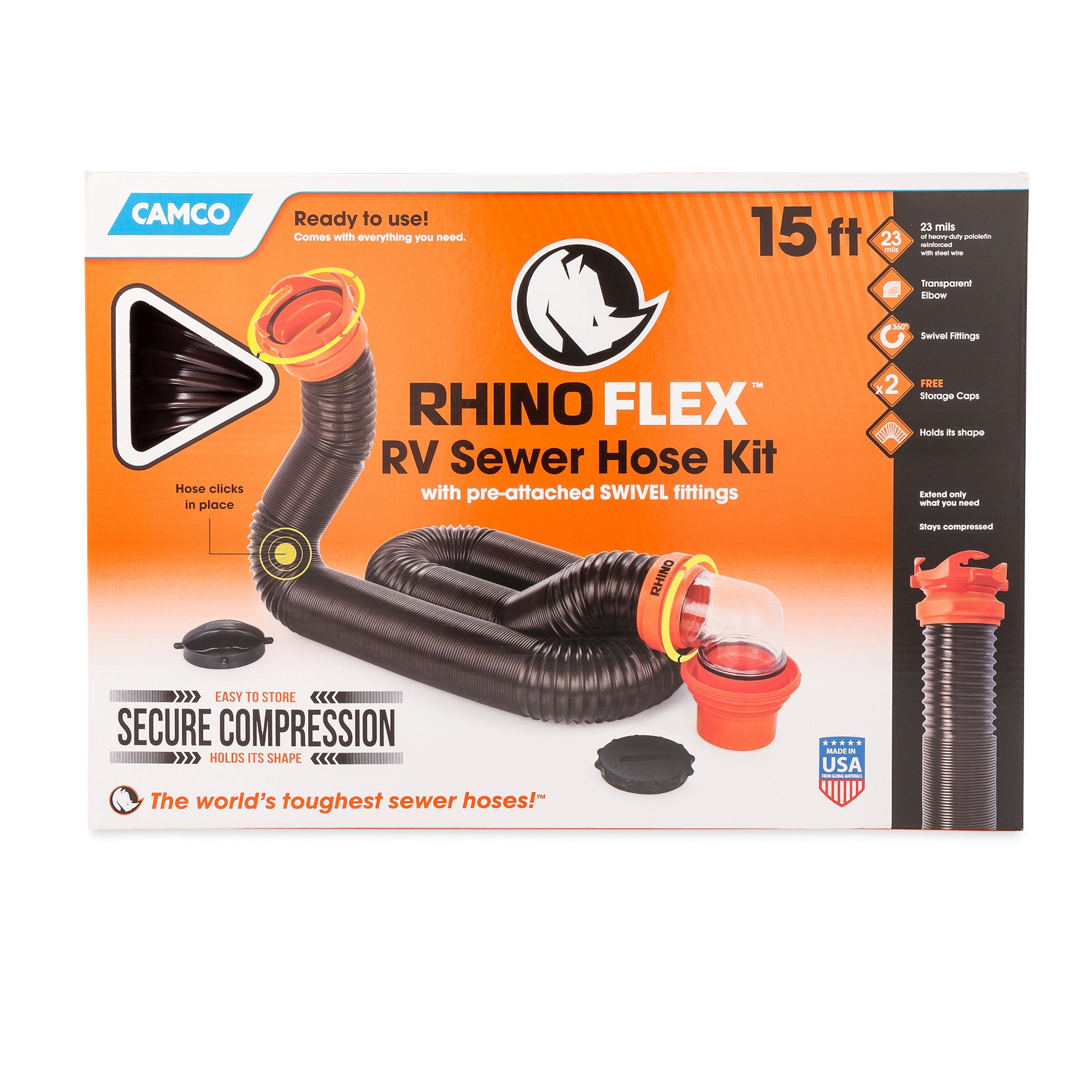 Camco Camper/RV RhinoFLEX Sewer Hose Kit with 15' Hose and Swivel Fittings (39762)