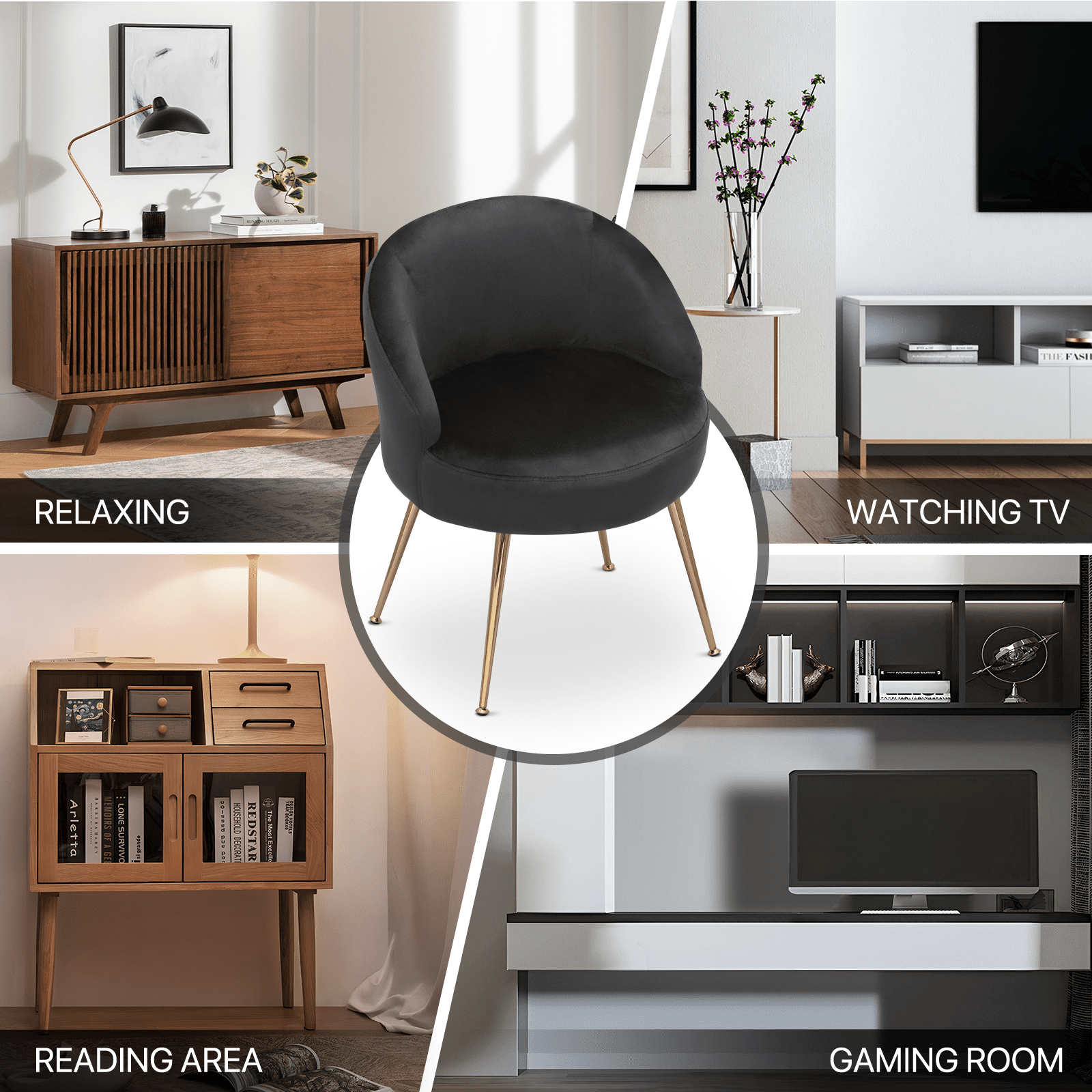 MoNiBloom Velvet Accent Chair, Modern Upholstered Single Sofa Side Chair, Comfy Barrel Club Living Room Armchair with Golden Metal Legs for Bedroom Reading Room Office, Black