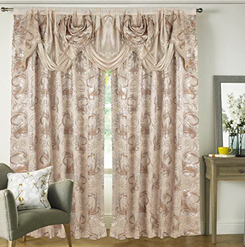 Luxury Window Panel Set Beige Curtain with Attached Valance and Backing Bedroom