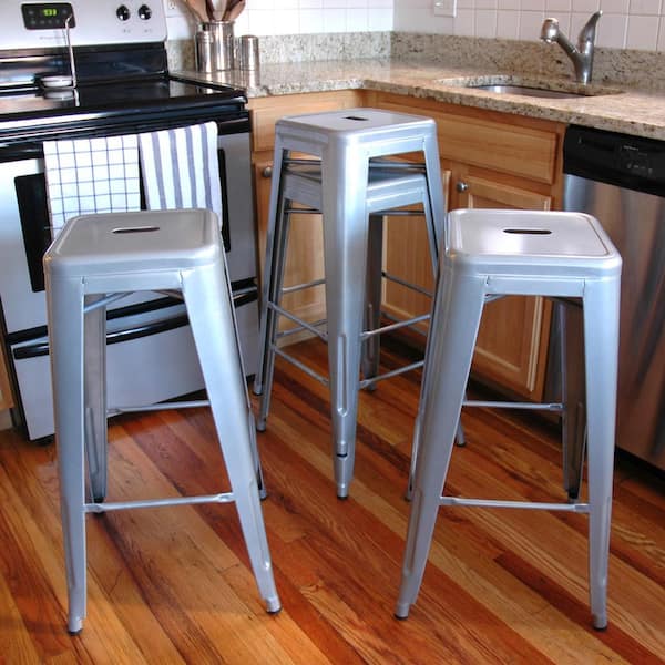 30 in. Silver Metal, Backless, Stackable Bar Stool (Set of 4)