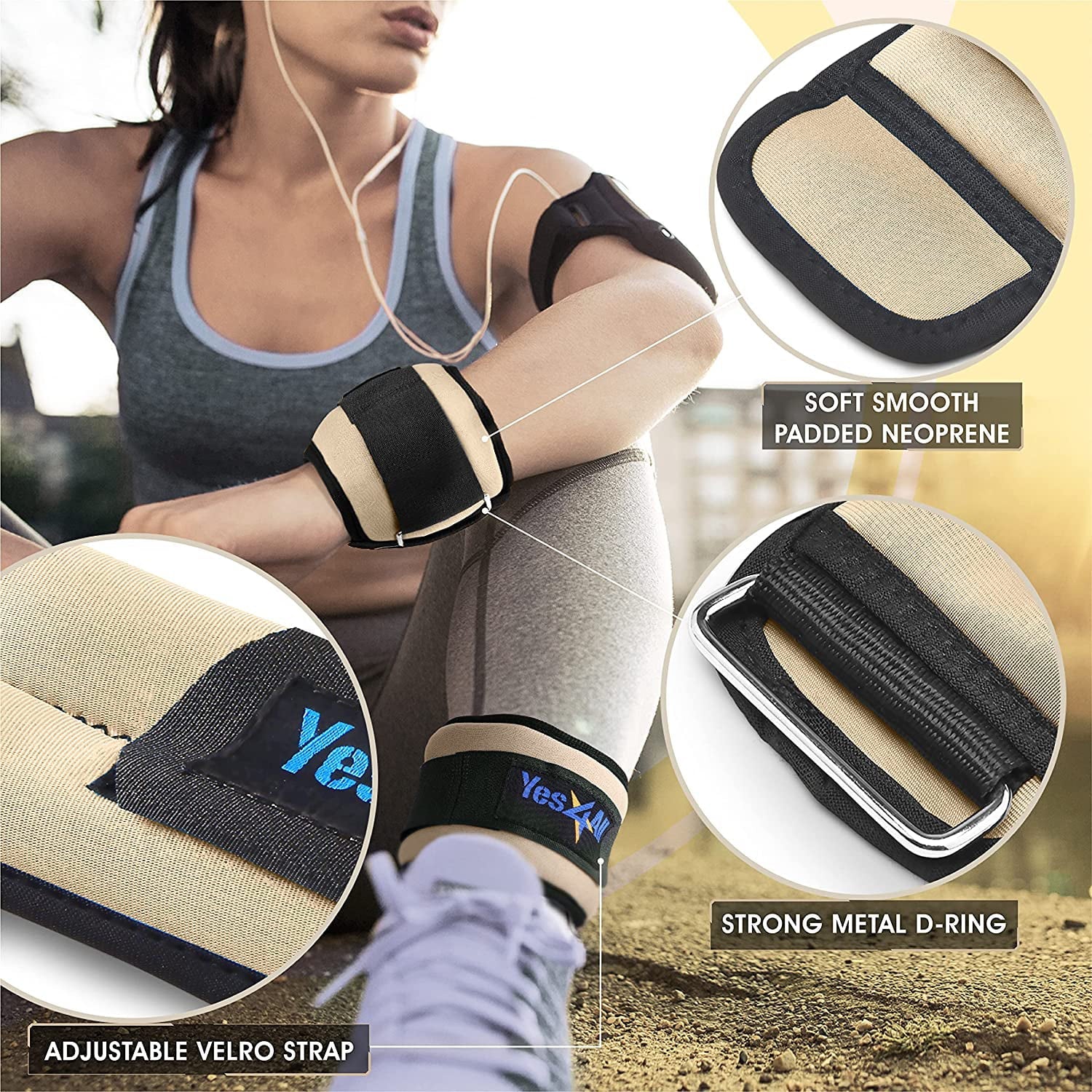 Yes4All 1 lbs Ankle Wrist Neoprene Weight, Beige, Pair