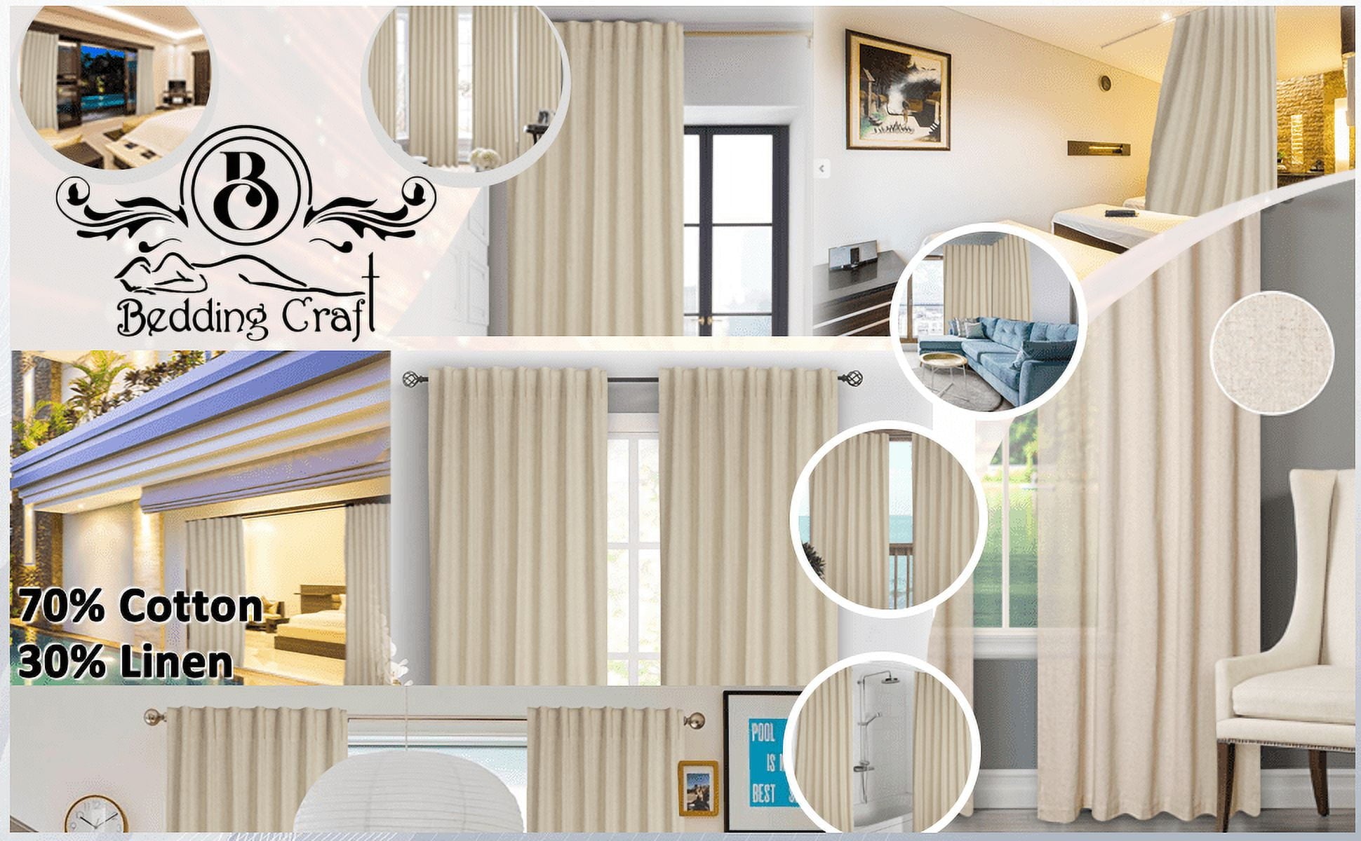 Bedding Craft Natural Cotton/Linen Window Panels Tab Top, Room Darkening Drapes, Set of 2, 50 x 63 inch, White