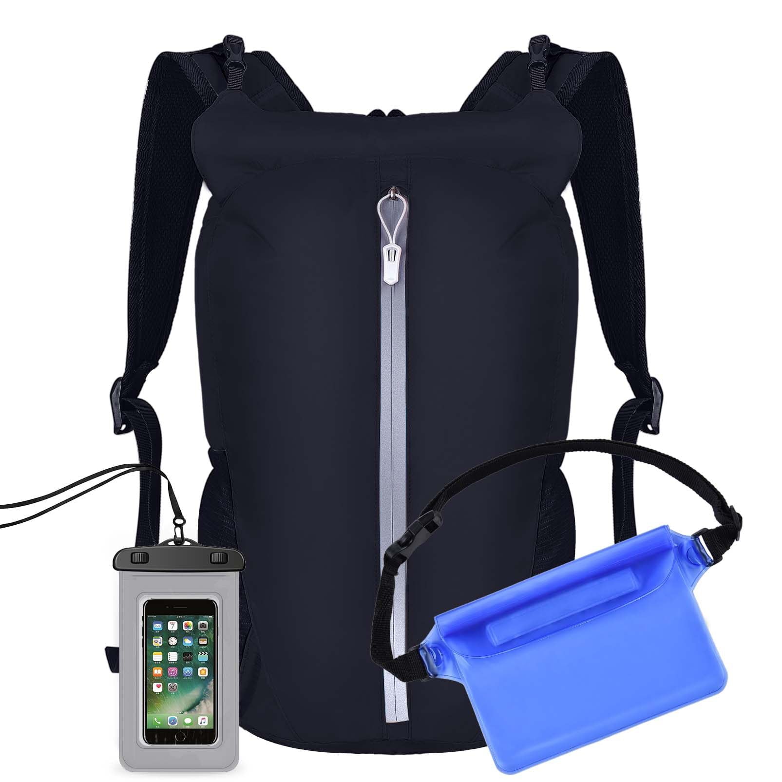 Vbiger Waterproof Dry Bags Set of 3 with Cellphone Bag Waist Bag, 20 Ltr Floating Dry Backpack Compression Sacks for Swimming, Kayak, Rafting and Boating, Black