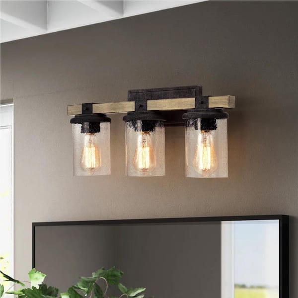 3-Light 22 in. Woodgrain and Rustic Black Vanity Light with Clear Seeded Glass