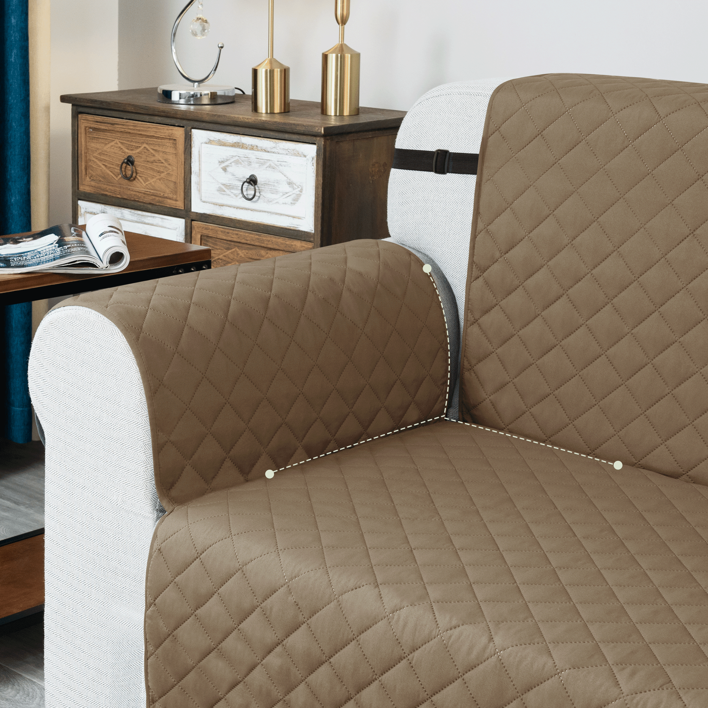 CHUN YI 1 Piece Sofa Couch Cover 6 Pockets with Elastic Straps Slipcover (Loveseat, Khaki)