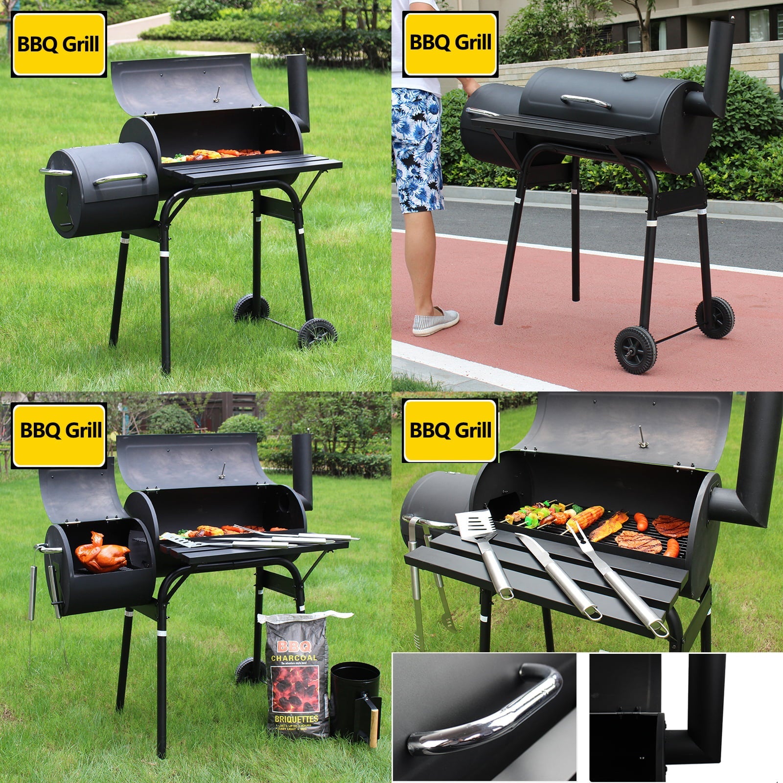 Outdoor Portable BBQ Charcoal Grill with Offset Smoker, Black