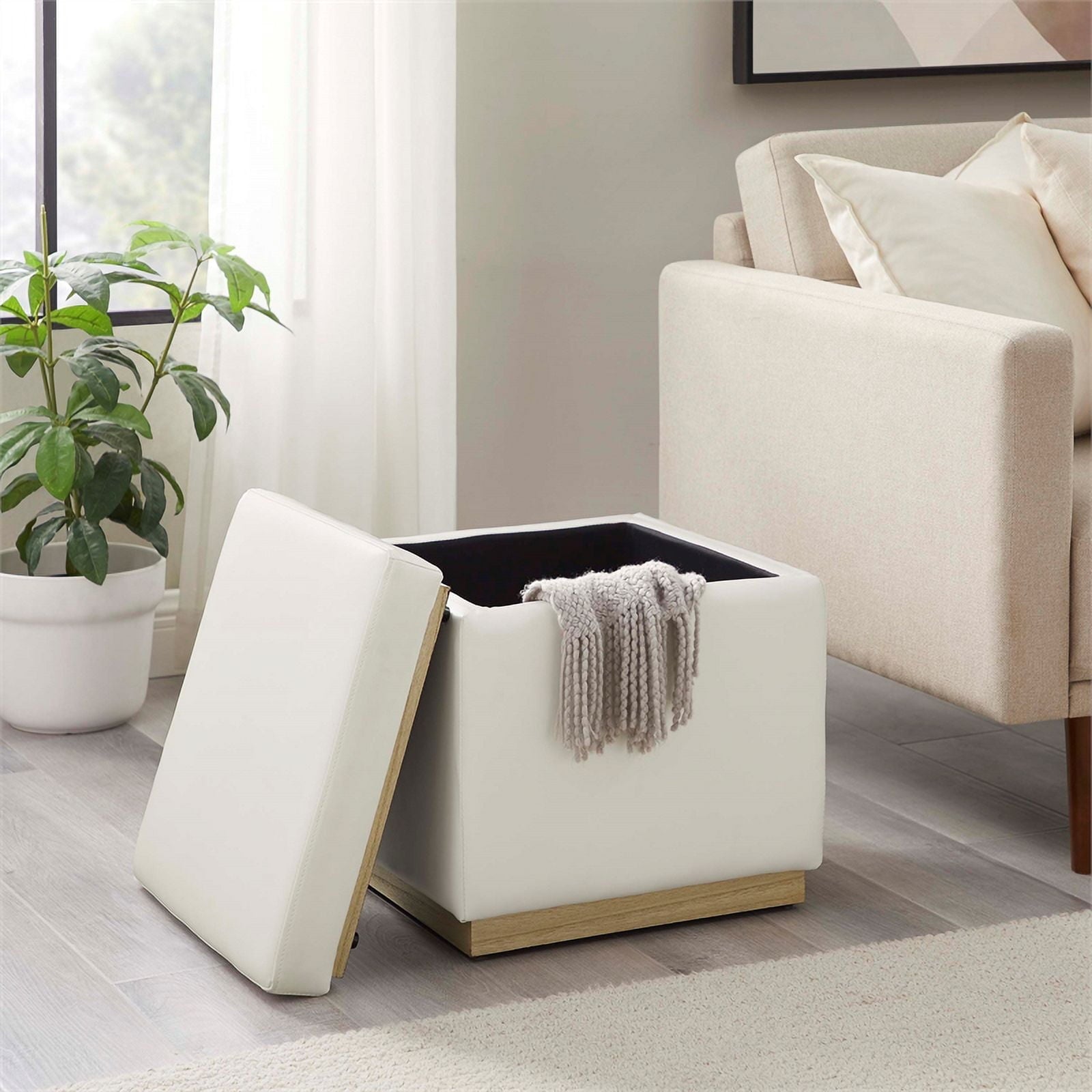 Linon Hawn Square Wood Upholstered Ottoman in White