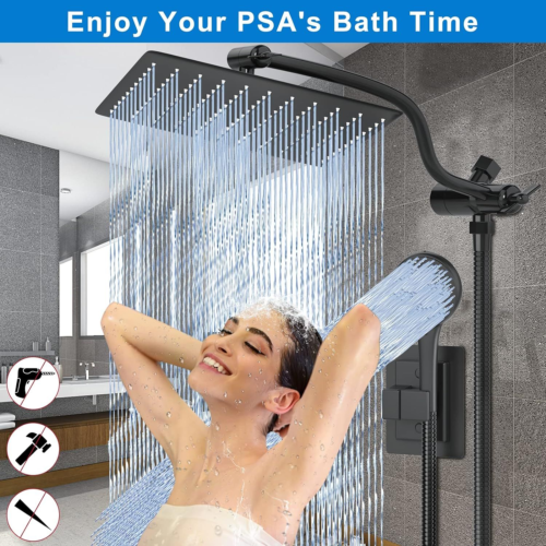 10" High Pressure Rainfall Shower Head with Handheld Combo, 12" Large, Black