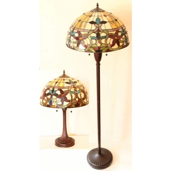 Tiffany Style 61 in. Bronze Floor Lamp and 22 in. Table Lamp Set