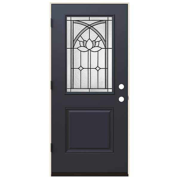36 in. x 80 in. Right-Hand/Inswing 1/2 Lite Ardsley Decorative Glass Black Steel Prehung Front Door
