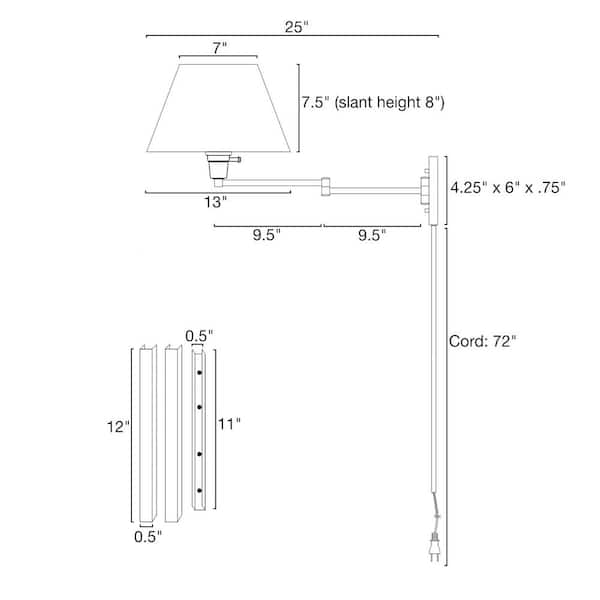 Cambridge 13 in. 150-Watt 1-Light Satin Nickel Swing Arm Wall Lamp with White Fabric Shade, 2-Pack