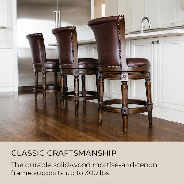 Pullman 31 in. Dark Walnut High Back Wooden Bar Stool with Luxe Vintage Brown Vegan Leather Upholstered Seat