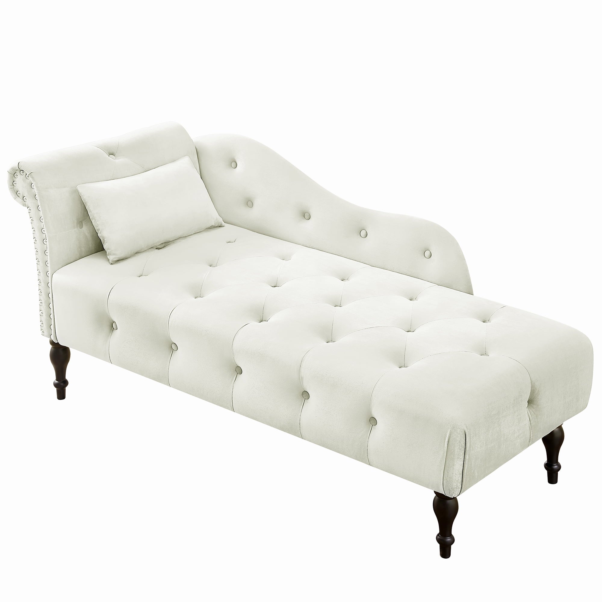 HUTWIFE Velvet Chaise Lounge, Left Arm Design Chaise with Nailhead Trim Tufted Button Lounge Chair with Pillow Modern Upholstered Rolled Arm Lounges Chair for Living Room Bedroom