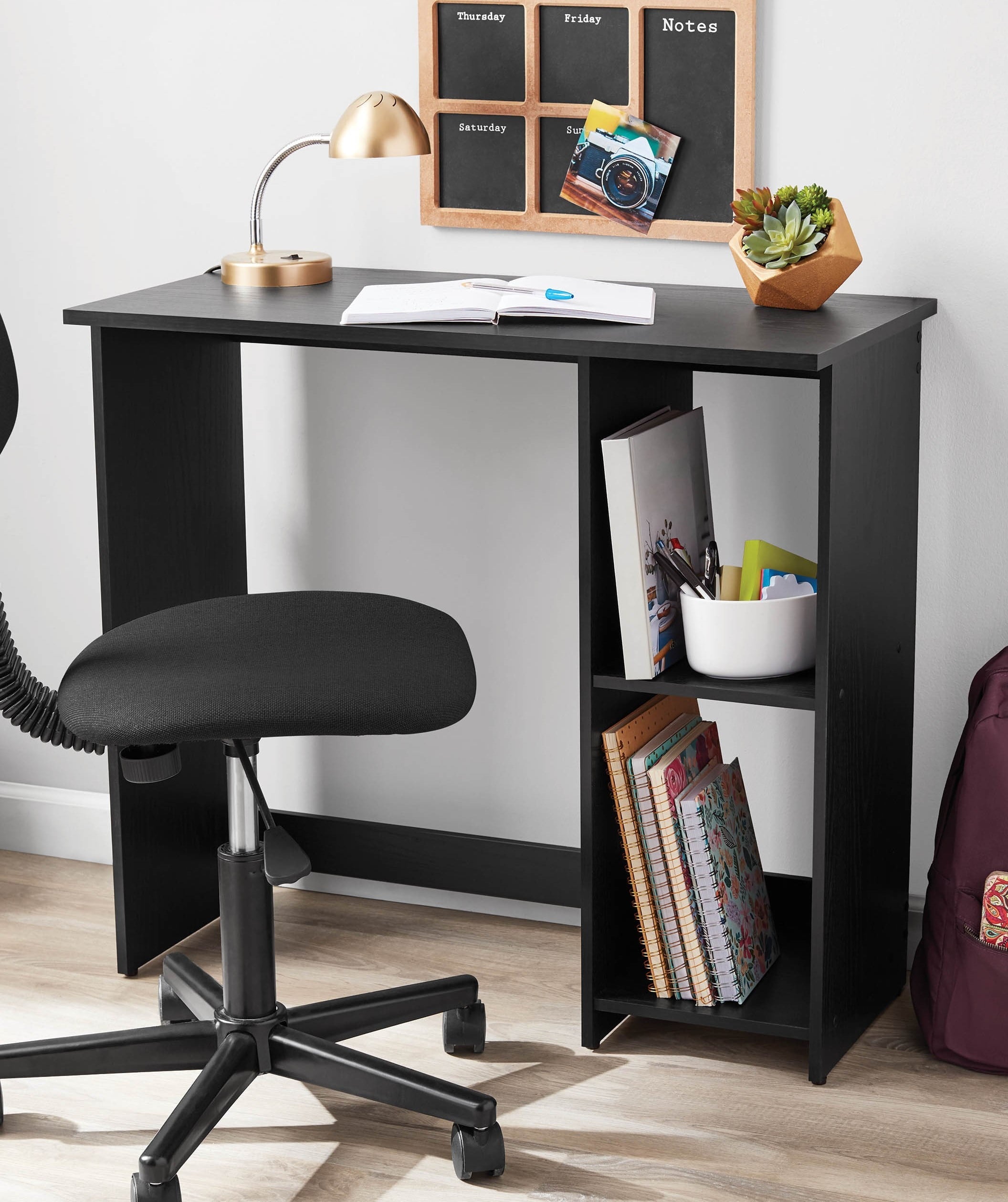 Mainstays Small Space Writing Desk with 2 Shelves, True Black Oak Finish