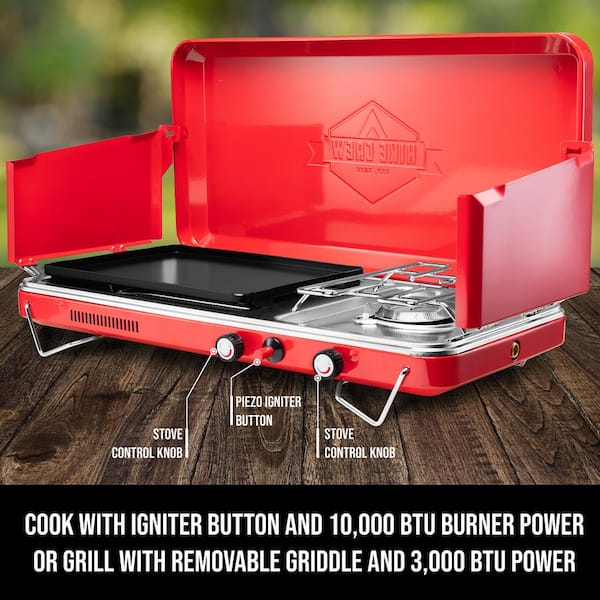 2-in-1 Camping Portable Propane Stove with Grill and Integrated Igniter