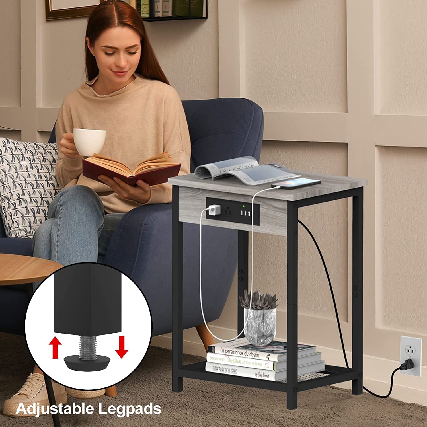 Nightstand End Table with Charging Station Gray, Set of 2