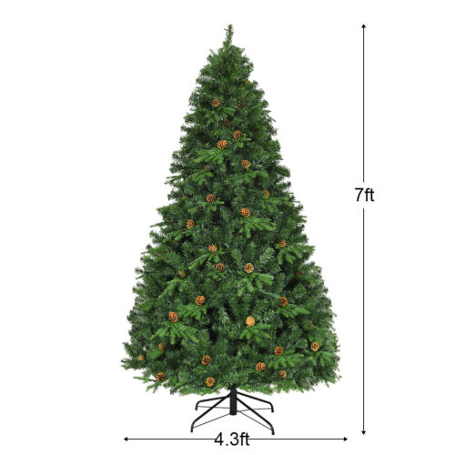 Costway 7Ft Pre-Lit Artificial Christmas Tree Hinged w/ 460 LED Light Pine Cones