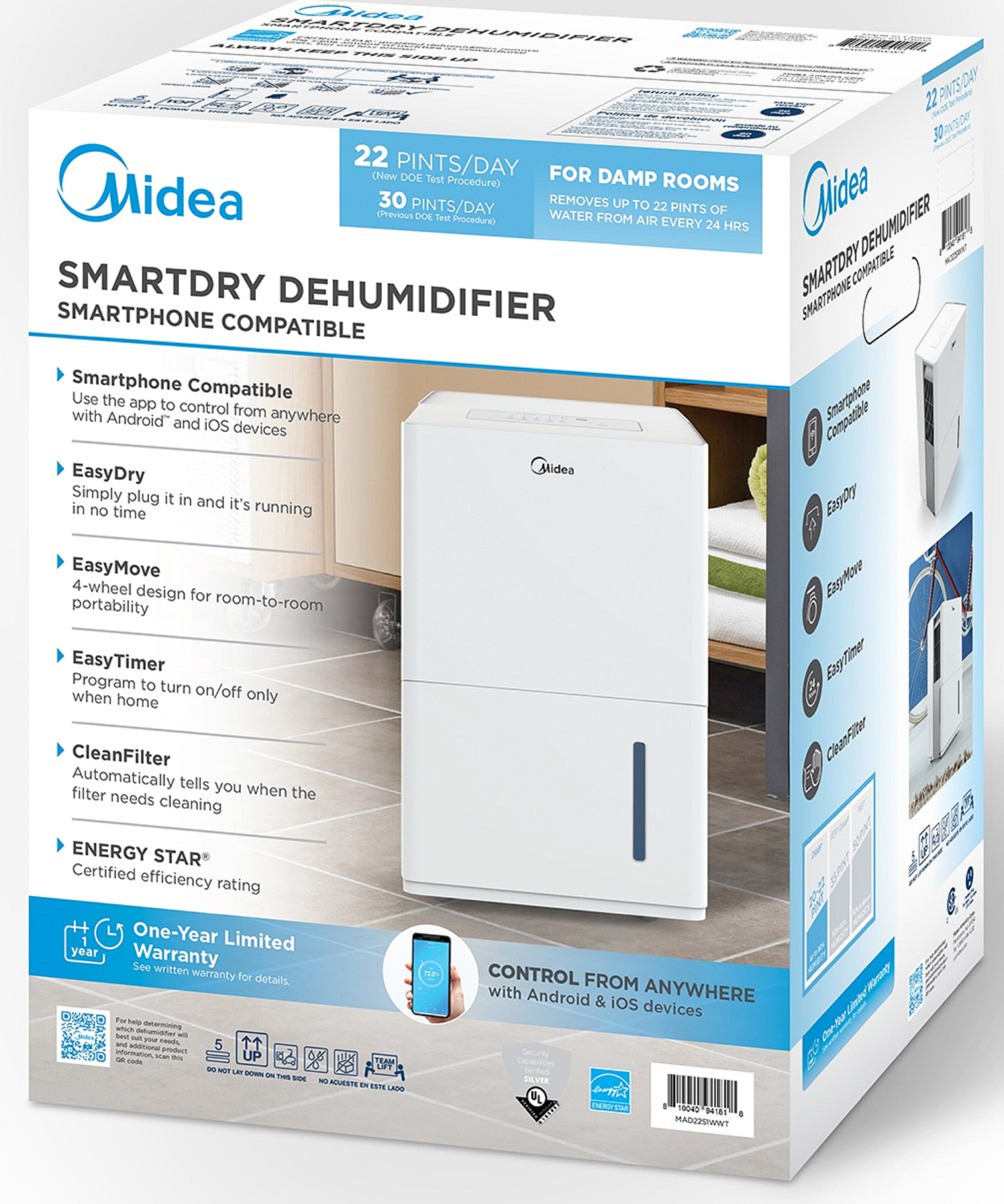 Midea 22-Pint Smart Dehumidifier - Damp Rooms, Energy Star, White, MAD22S1WWT