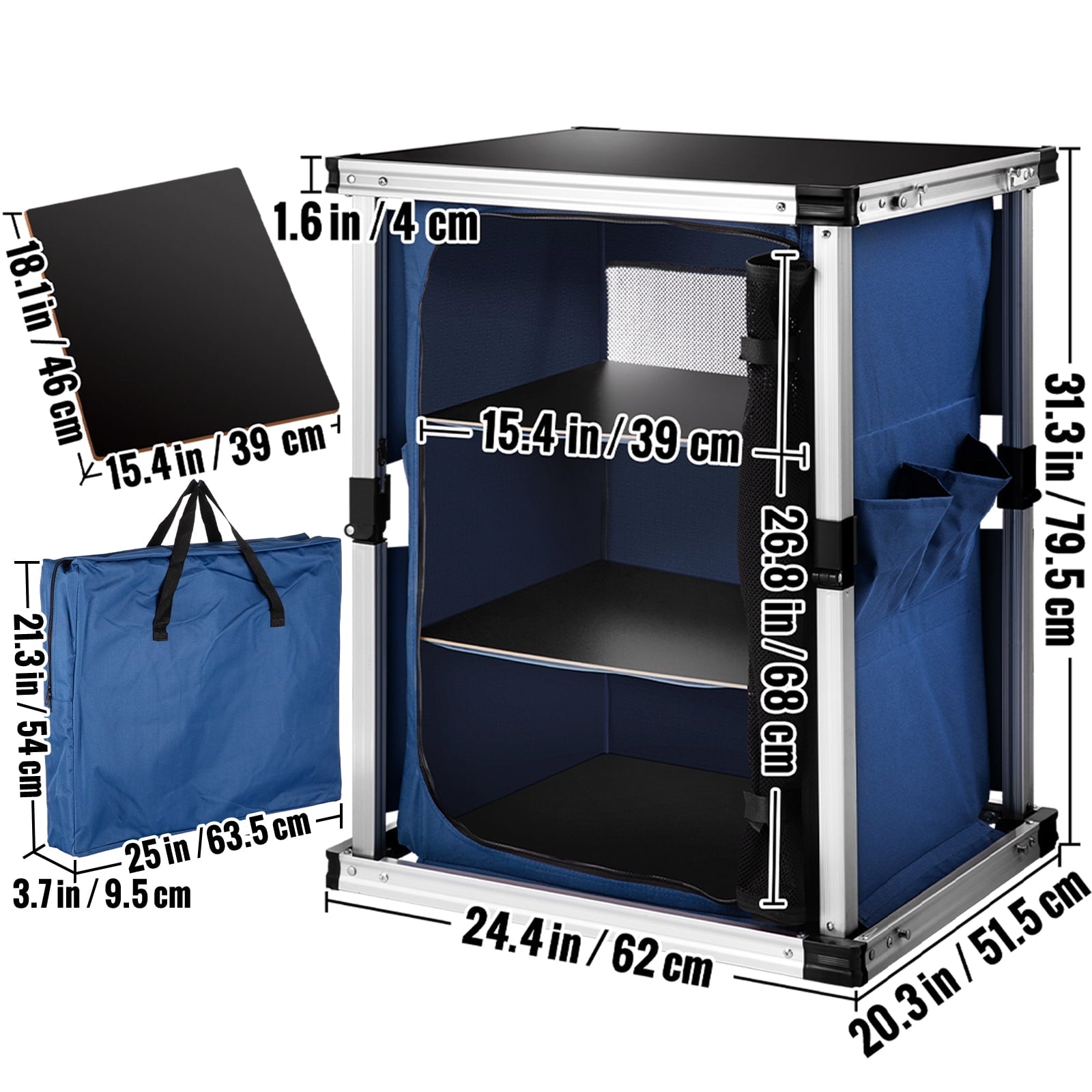 Camping Kitchen Station, Aluminum Portable Folding Cook Table with 3-Tier Storage Organizer, Side Pocket and Carrying Bag, for Outdoor BBQ Party Backyards and Tailgating, Blue