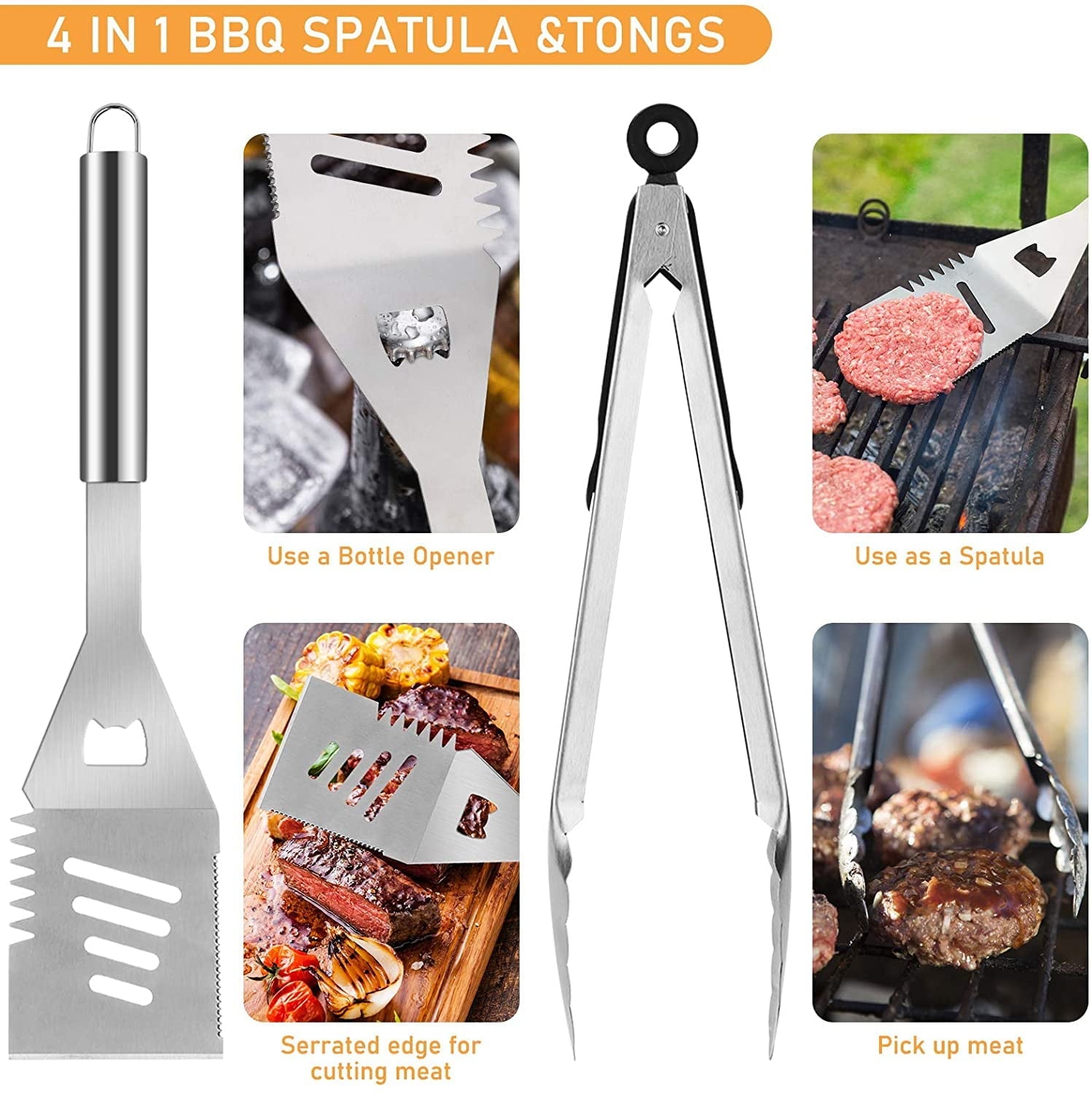41Pcs BBQ Grill Tool Set with Storage Bag Extra Thick Stainless Steel Spatula Fork & Tongs