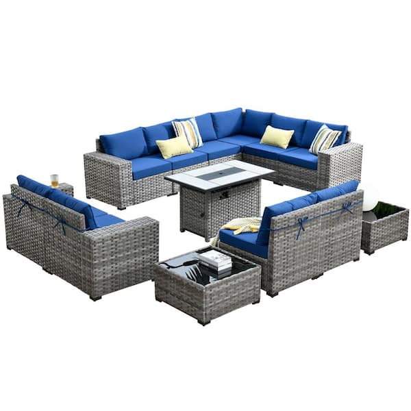 Tahoe Grey 13-Piece Wicker Wide Arm Outdoor Patio Conversation Sofa Set with a Fire Pit and Navy Blue Cushions