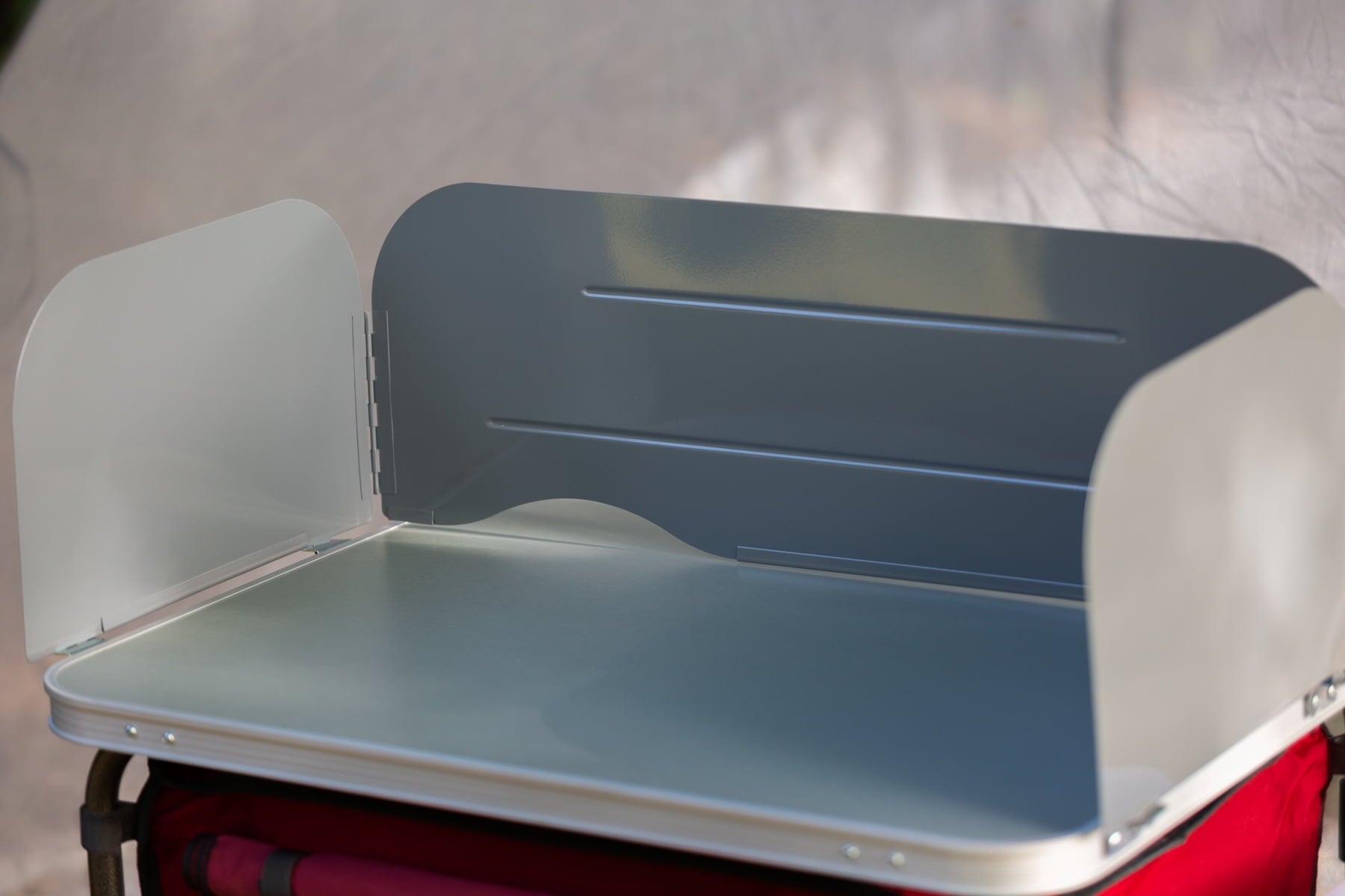 Trail Deluxe Camping Kitchen with Storage, Silver and Red, 31 Height