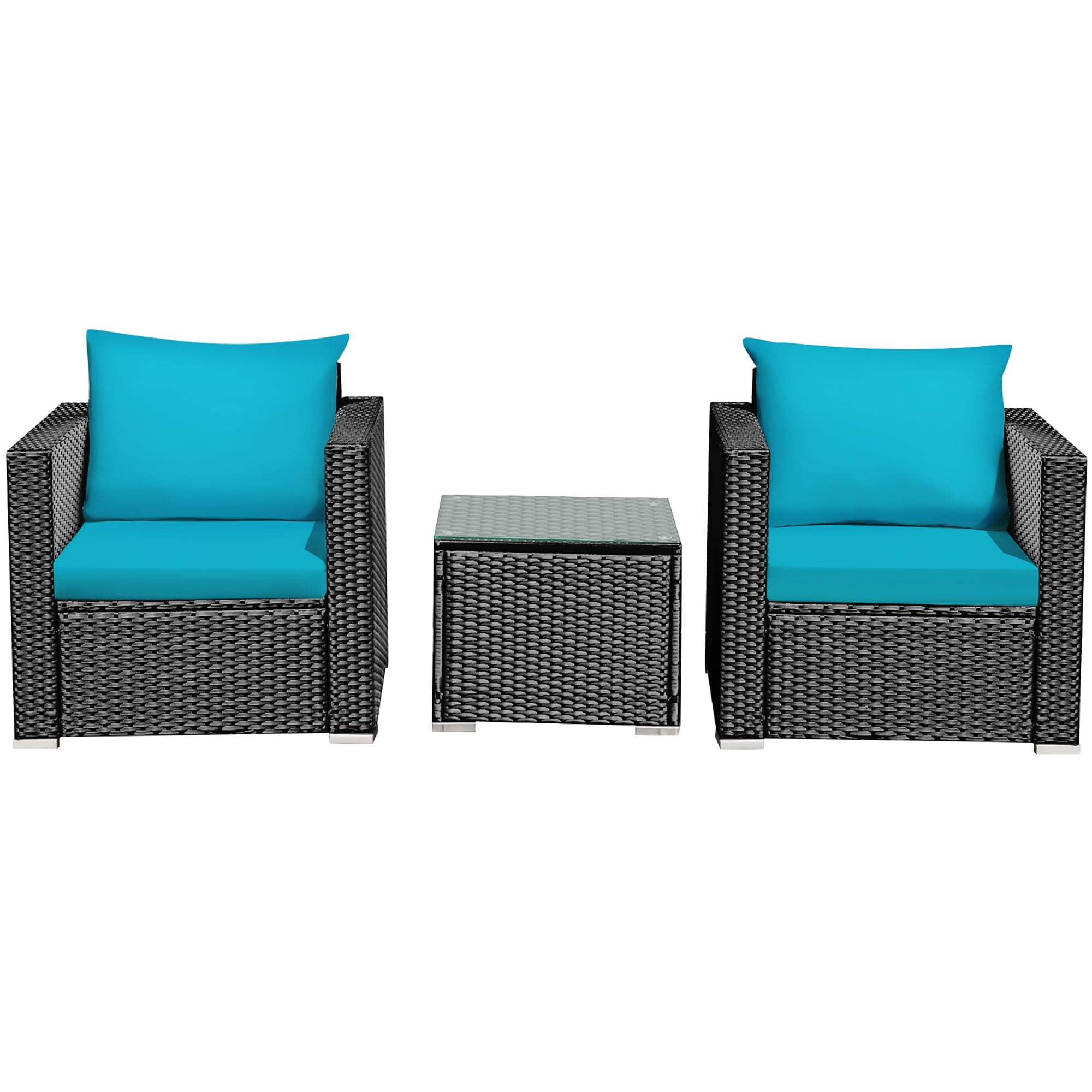 Costway 3PCS Patio Rattan Wicker Furniture Set Sofa Table W/Cushion Turquoise