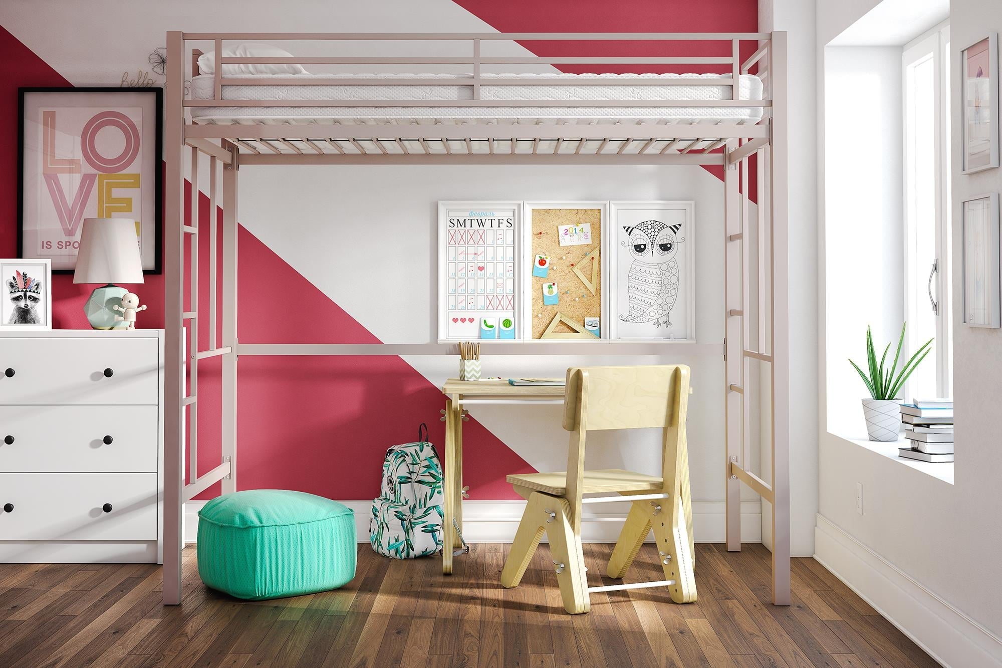 Your Zone Brittain Twin Metal Loft Bed, Pink