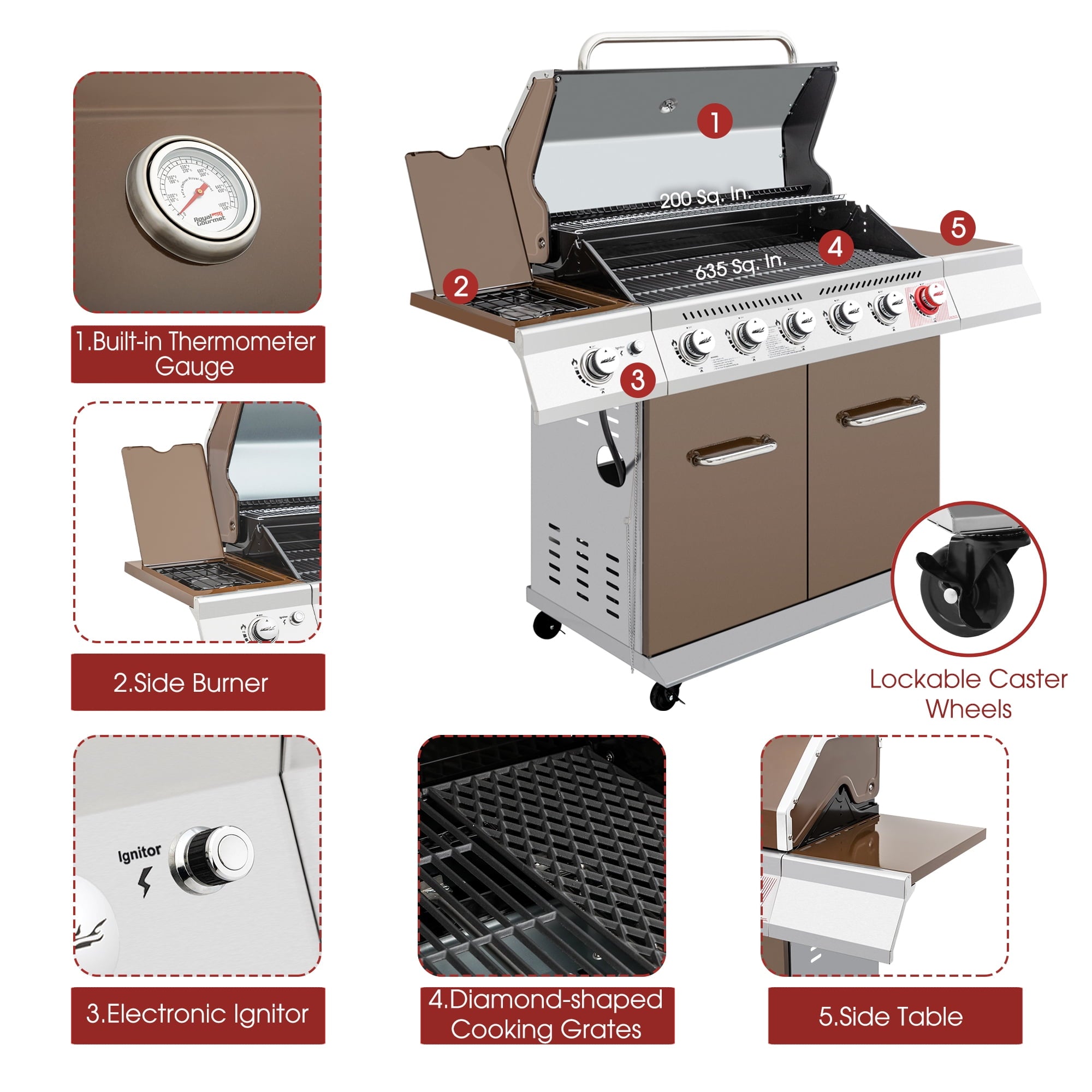 Royal Gourmet 6-Burner GA6402C BBQ Gas Grill with Sear Burner and Side Burner, 74,000 BTU