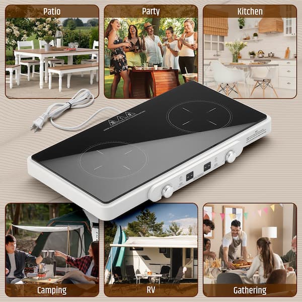 2 Burners Electric Induction Cooktop, 5.1 in. Hot Plate, with Removable Cast Iron Griddle Pan Non-Stick, Ivory White