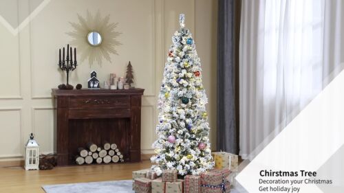 6' Pre-Lit Hinged Snow Flocked Pencil Artificial Christmas Tree w/ LED Lights