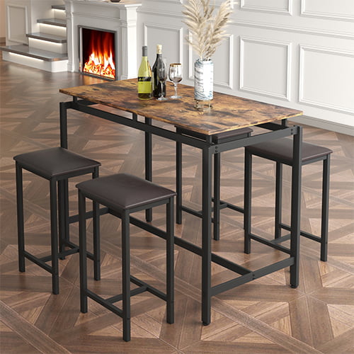 5 Piece Bar Table Set, Kitchen Counter Height Table with 4 Stools, Space Saving Pub Table Set for 4 Person with Metal Frame, Wood Dining Table & Chair Set for Breakfast Nook Pub Bistro, B945