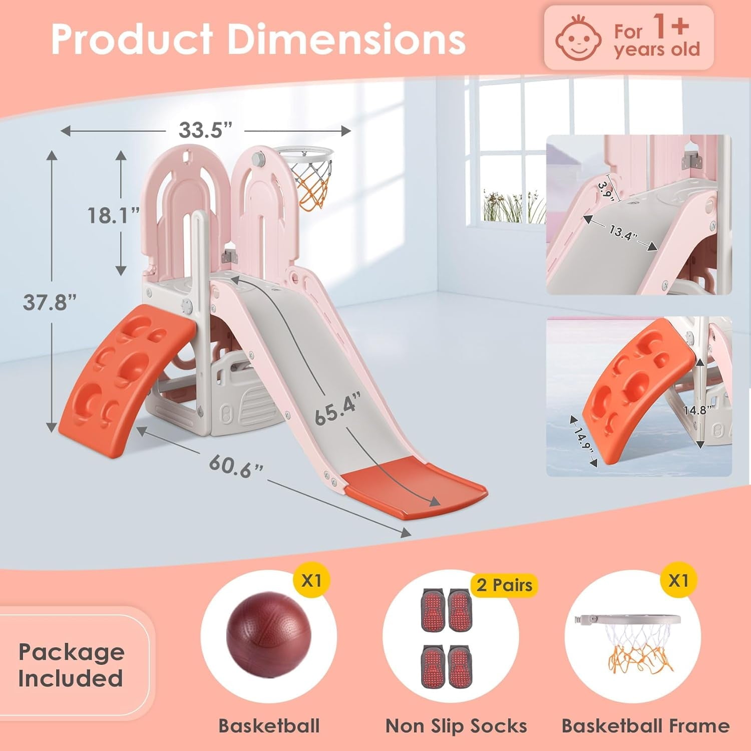 Suteck 5 in 1 Toddler Slide, Swing and Slide for Toddlers Age 1-3 with Basketball Hoop and Basketball, Slide for Kids5 in 1 Toddler Slide, Swing and Slide for Toddlers