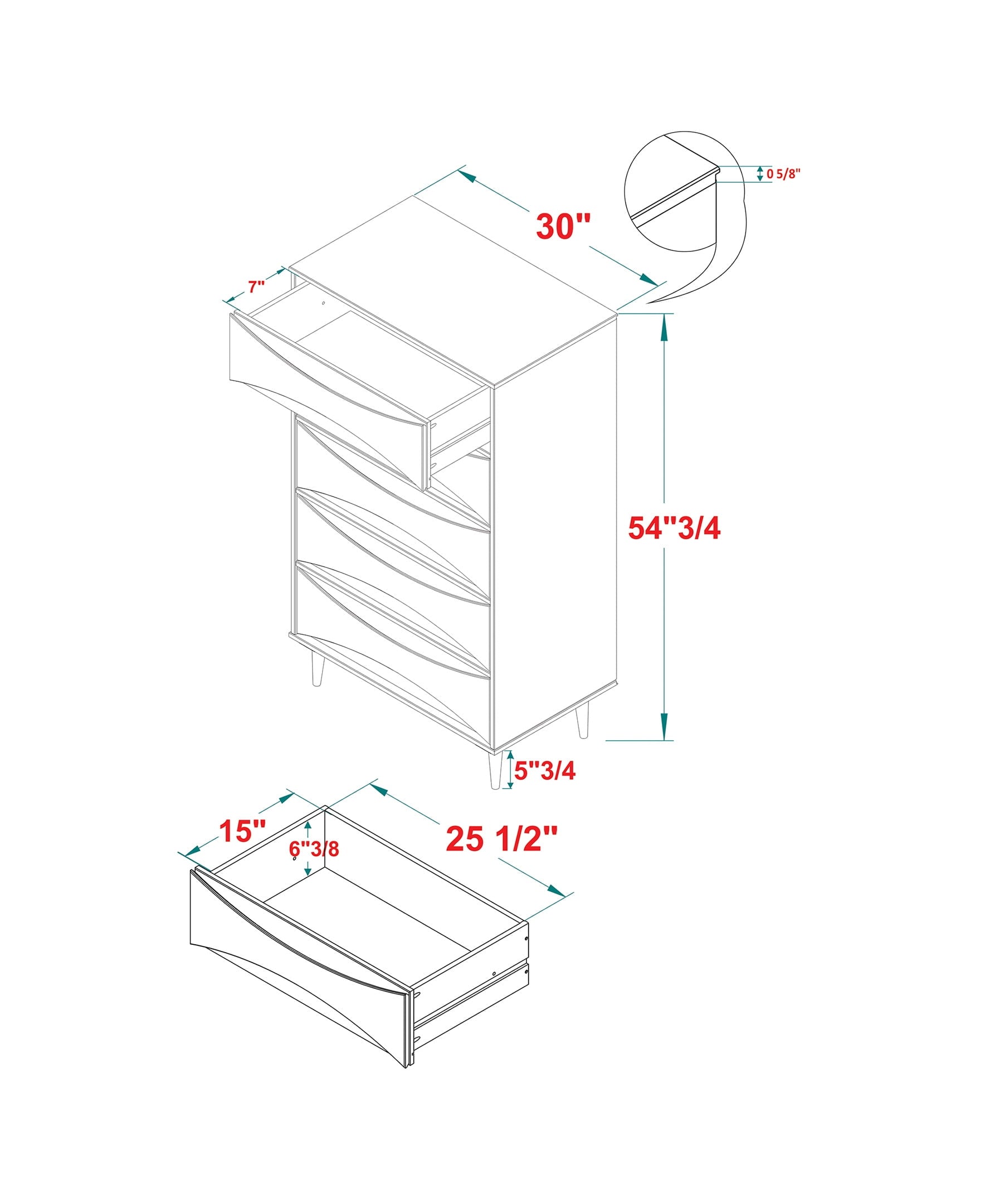 Walker Edison 30” Mid-Century Modern Curved Front 5-Drawer Dresser, Caramel