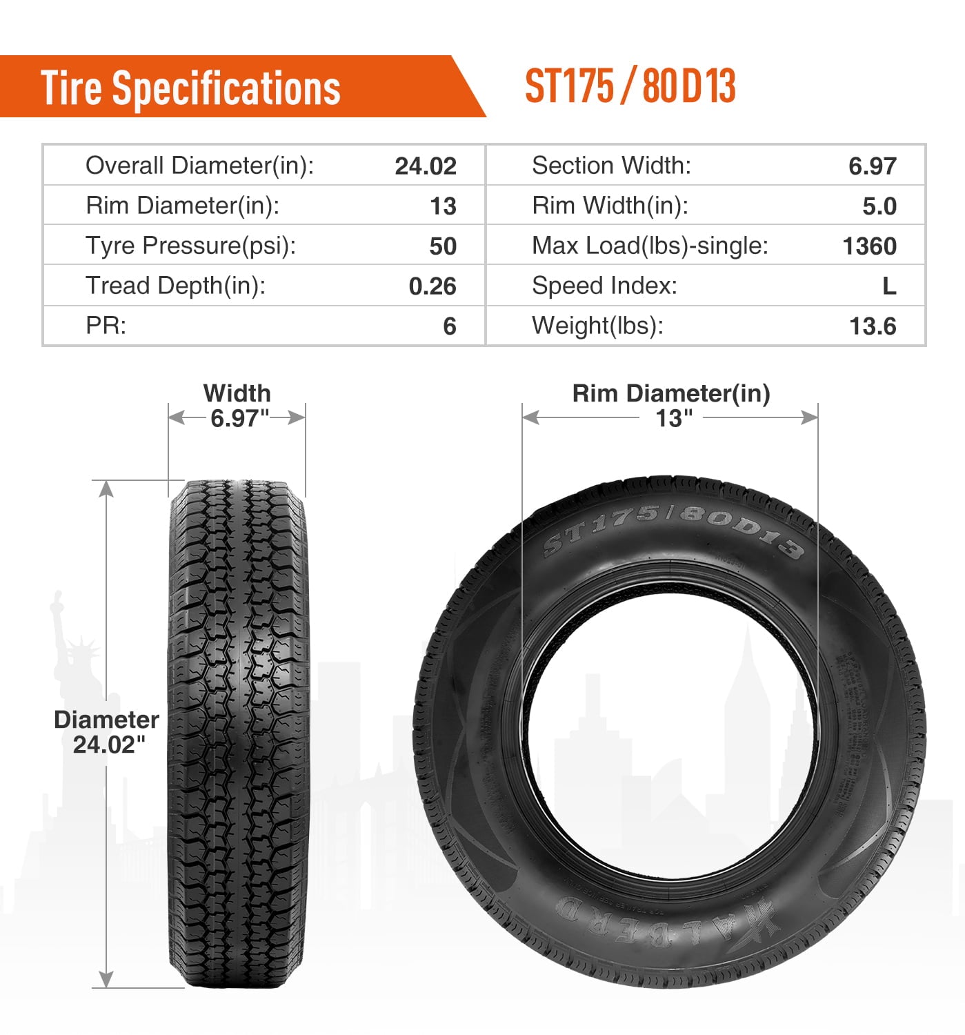 HALBERD 6Ply ST175/80D13 Trailer Tires 175 80 13 Replacement Tire Load Range C