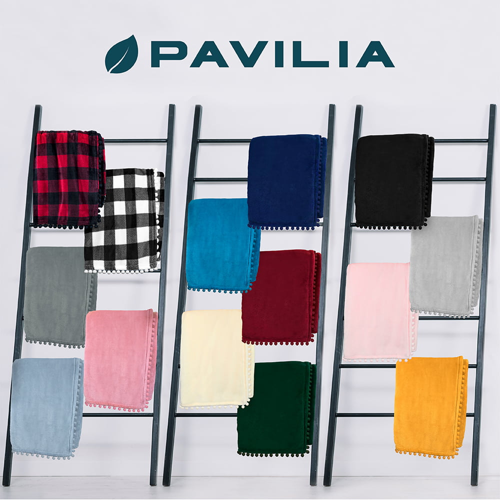 PAVILIA Fleece Throw Blanket with Pom Pom Fringe | Buffalo Plaid Checkered White, Black Flannel Throw | Super Soft Lightweight Microfiber Polyester | Plush, Fuzzy, Cozy | 50 x 60 Inches