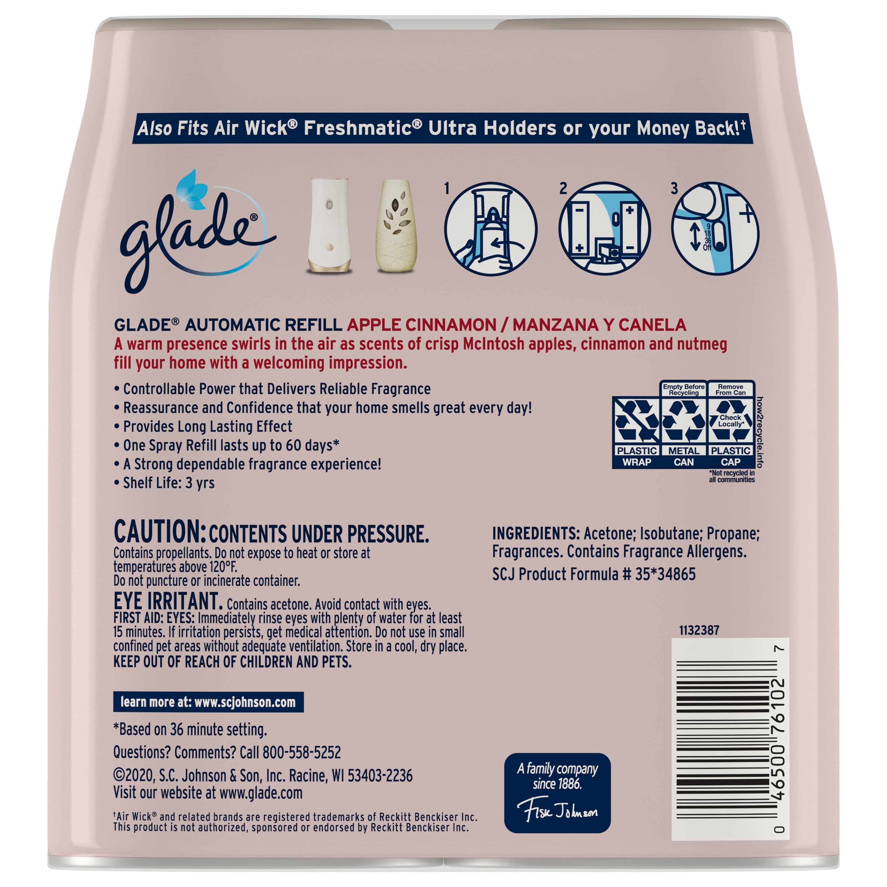 Glade Automatic Spray Refill 2 CT, Apple Cinnamon, 12.4 OZ. Total, Air Freshener