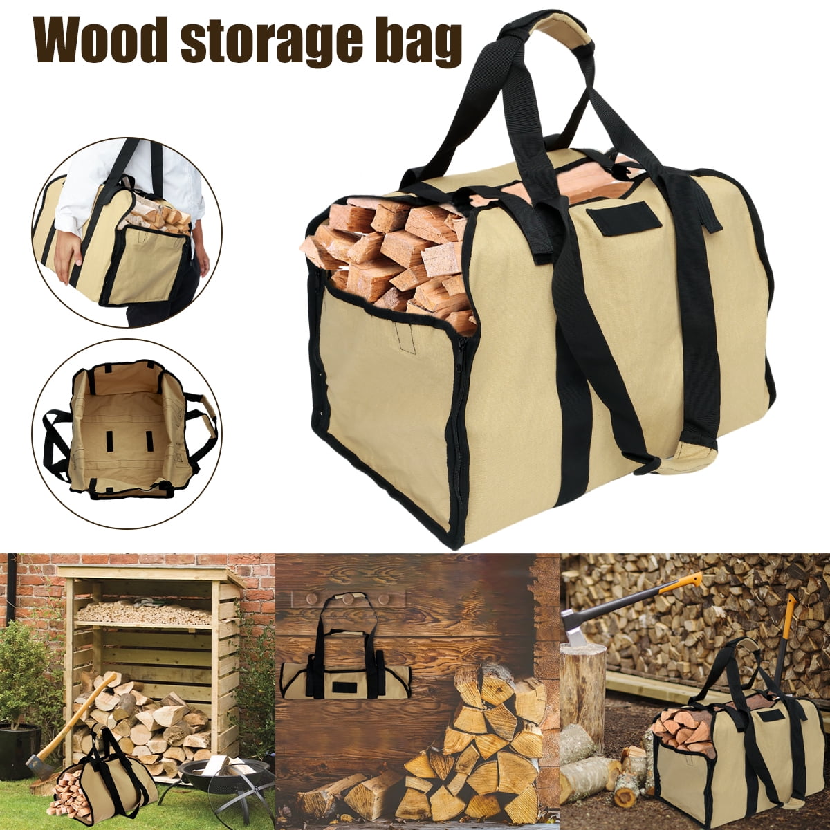 MLfire Canvas Firewood Log Carrier Bag, Canvas Firewood Tote Bag, Extra Large Firewood Holder, Wood Carrying Bag with Shoulder Strap and Top Handles for Camping