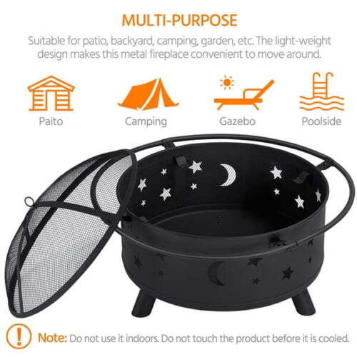 Iron Fire Pit Set Heating Equipment Camping Fire Bowl with Poker Mesh Cover BBQ