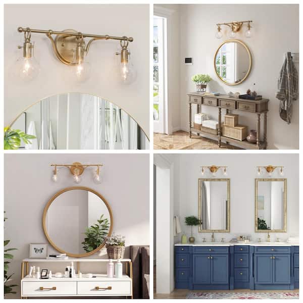 Modern 21 in. 3-Light Brass Gold Bath Vanity Light with Globe Clear Glass Shade Wall Sconce, LED Compatible