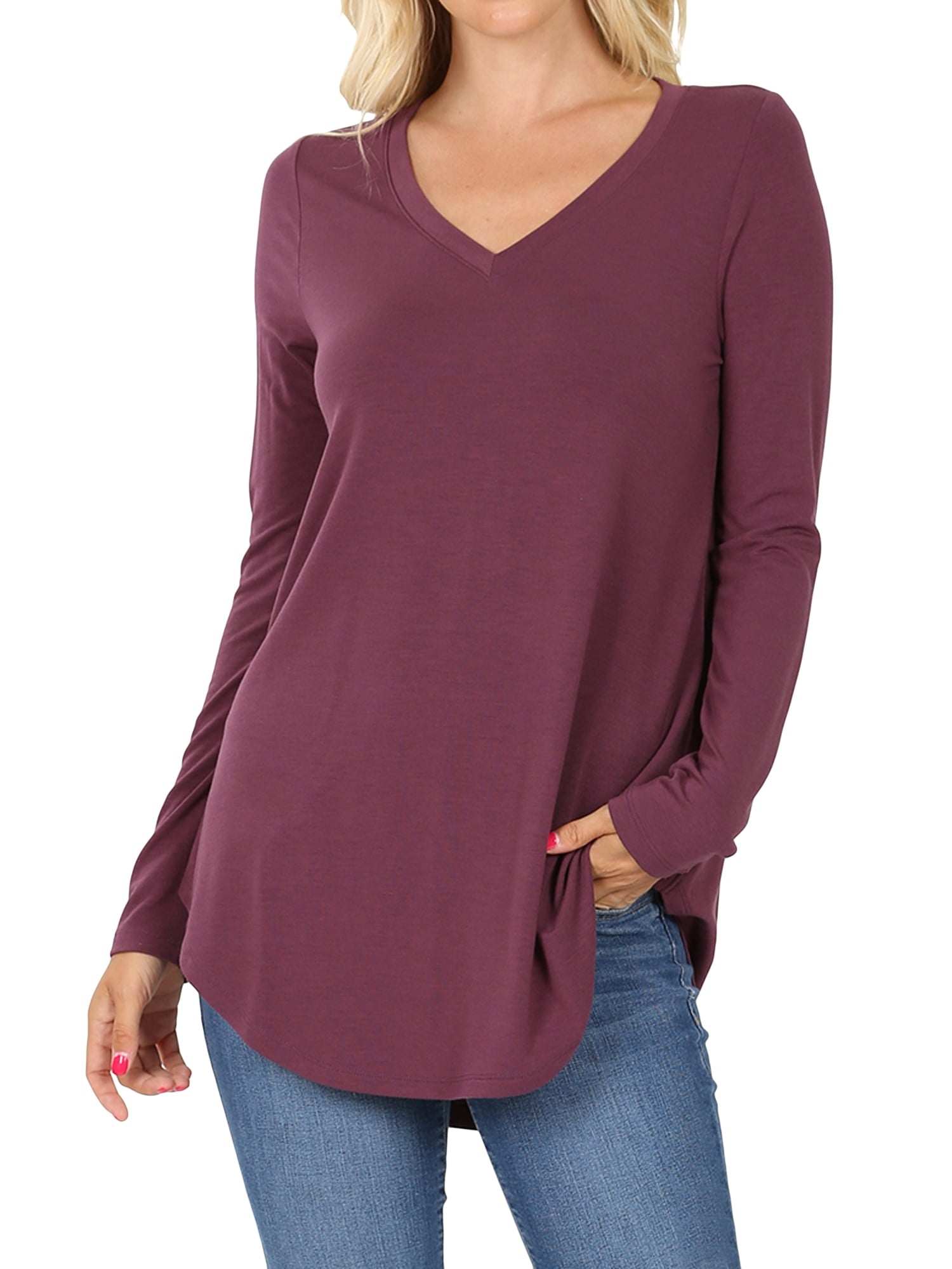 Women & Plus(S-3X) Relaxed Fit Long Sleeve V-Neck Round Hem Jersey Tee Shirt Top (Single & Multi-Packs Available)