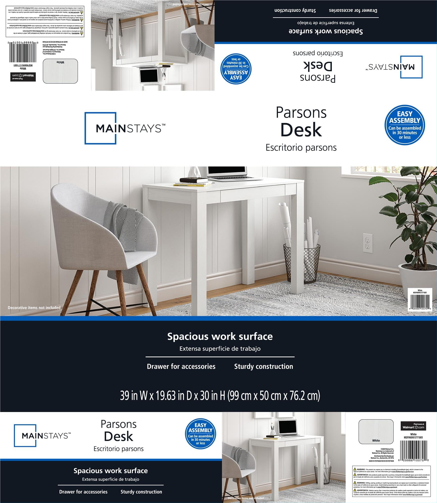 Mainstays Parsons Desk, White Laminated MDF