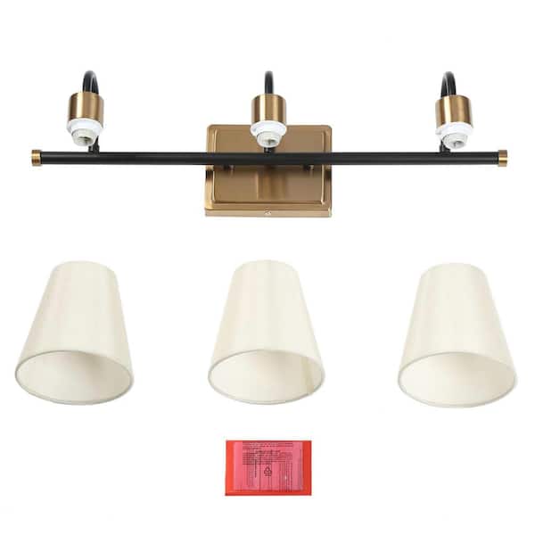 Modern Classic 3-Light Matte Black and Plating Brass Vanity Light with White Cone Fabric Shades