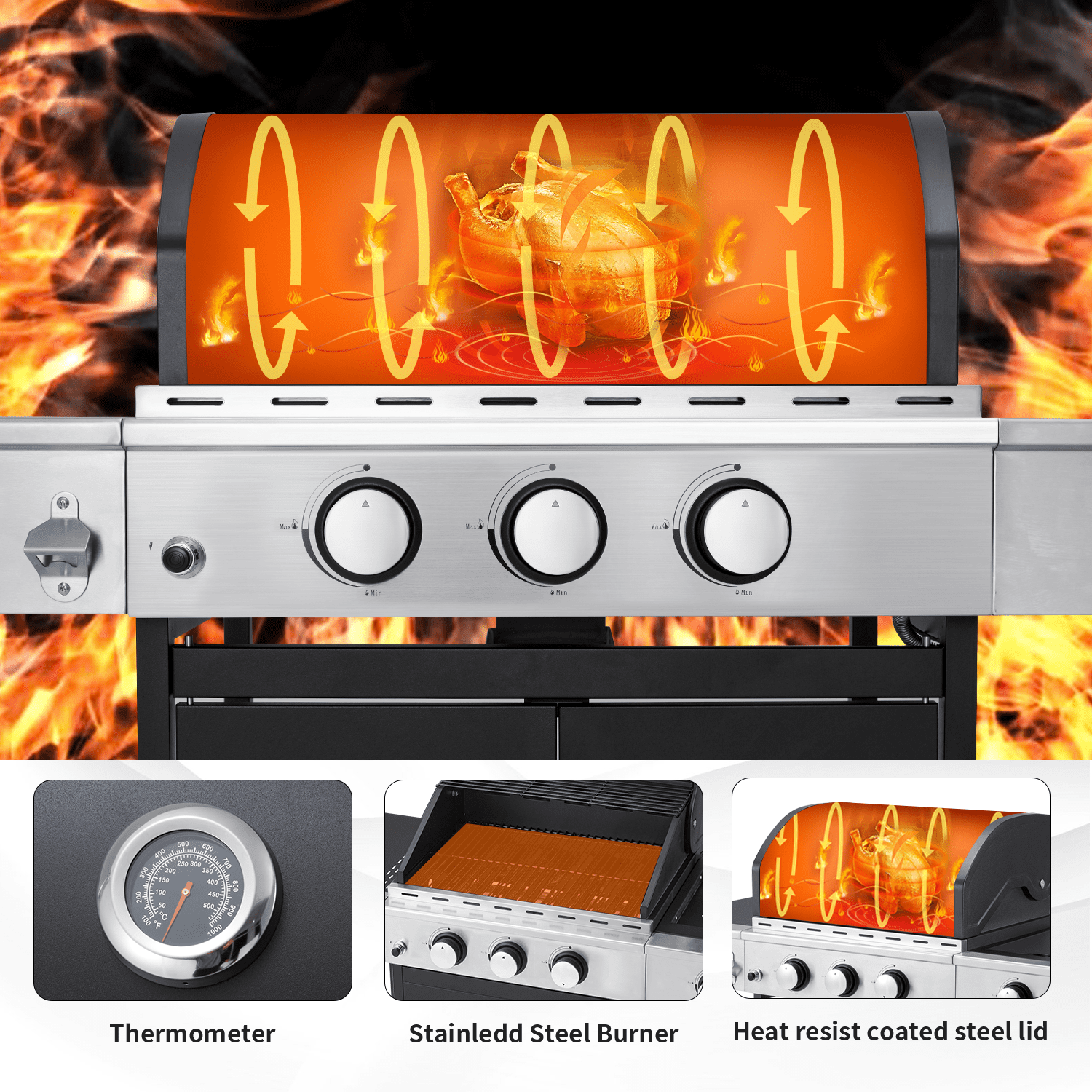 Yoleny 3 Burner BBQ Propane Gas Grill，24,000/36,000 BTU Stainless Steel with Stove and Side Table