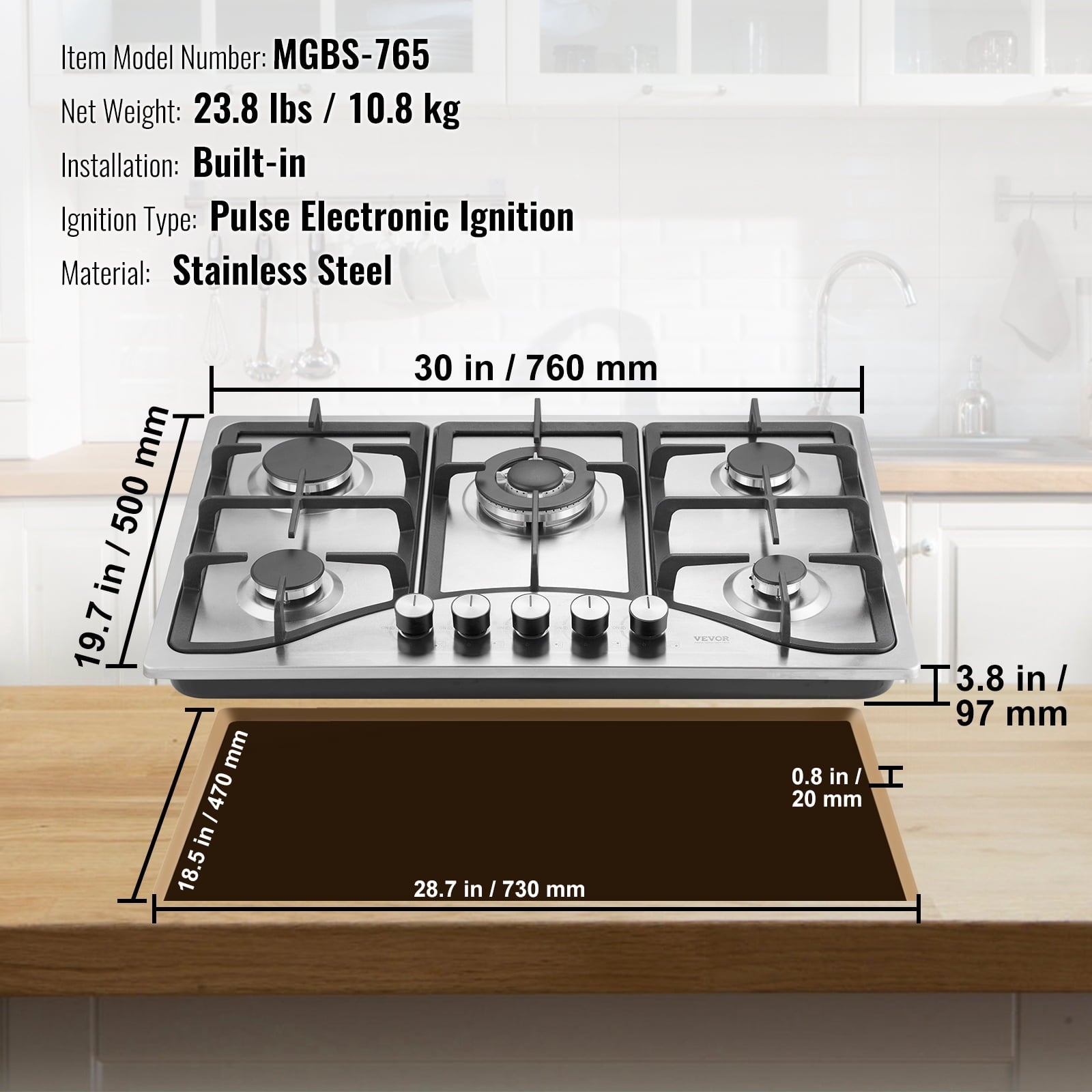 BENTISM Gas Cooktop Stove Top 30 inch Max 12250BTU 5 Burners Built-in LPG/NG Convertible