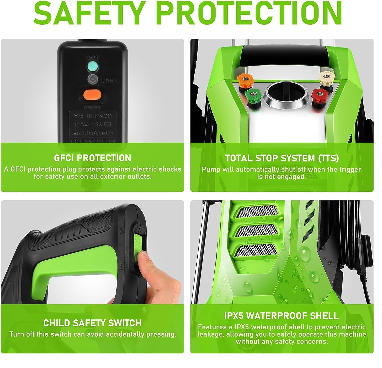 2.7GPM Electric Pressure Washer Power Washer 1800W High Pressure Washer Cleaner Machine with 4 Changeable Nozzle & Hose Reel, Best for Cleaning Patio, Garden,Yard (Green)