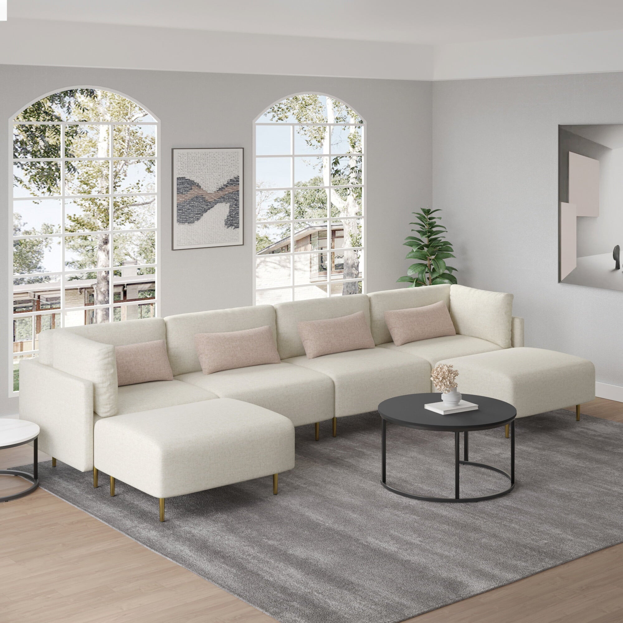 Magic Home Convertible Modular Sectional Sofa Couch with Ottomans,U-Shaped Modern Linen Fabric Sofa for Living Room,Apartment and Small Space,Beige