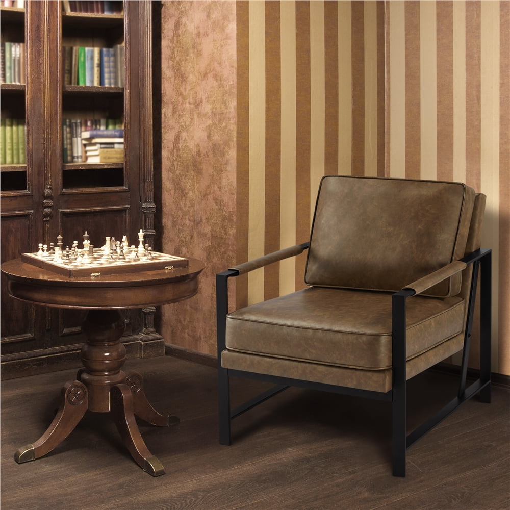 Topeakmart Upholstered Faux Leather Lounge Chair Accent Chair with Metal Arms, Brown